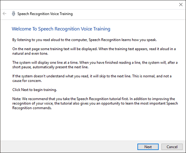 The 'Welcome to Speech Recognition voice training' splash screen.