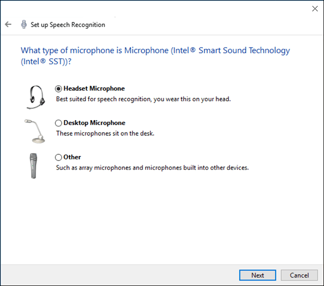 The window with three microphone options titled 'What type of microphone is Microphone'.