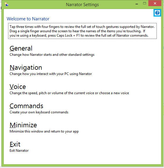 The Narrator Settings window with sections for: General, Navigation, Voice, Commands, Minimize, Exit.
