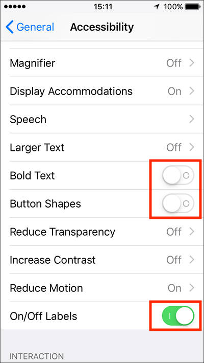 The appearance of buttons when On/Off Labels is active