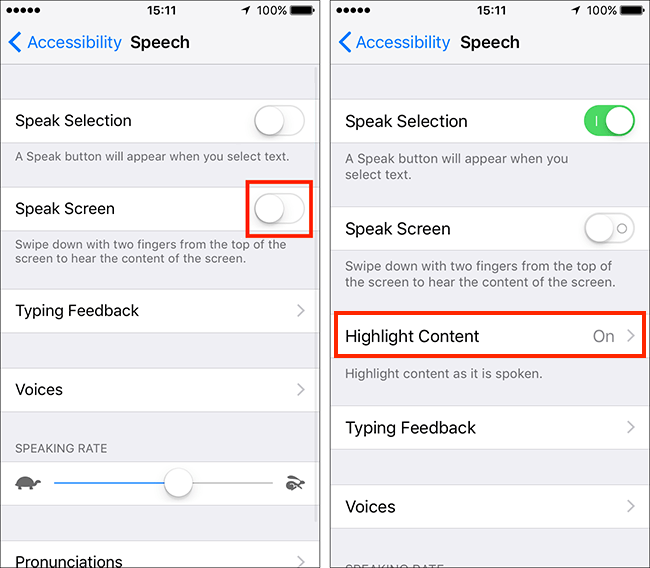 Tap the on/off toggle switch for Speak Screen
