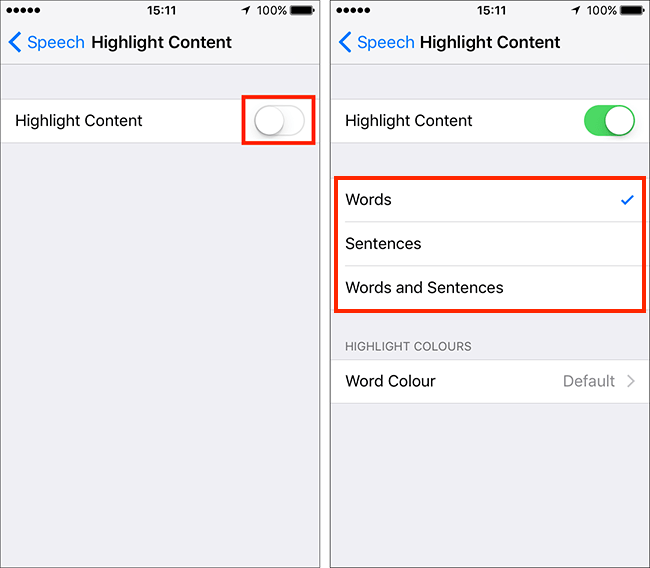 Tap the on/off toggle switch for Highlight Content, select the items you want to be highlighted