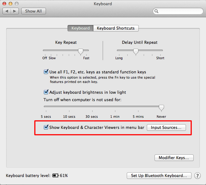 The Keyboard settings screen