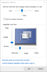 The Magnifier options dialogue in Lens mode showing the width and height resize sliders.