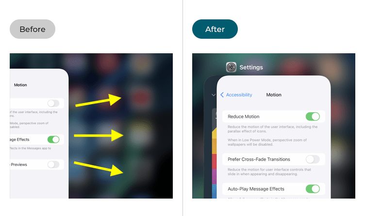 Before and after examples of the iOS multi-tasking screen appearing when Reduce Motion is on and off