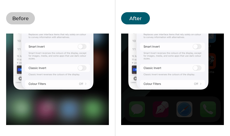 Examples of the multi-tasking screen in iOS before and after the Reduce Transparency setting has been enabled