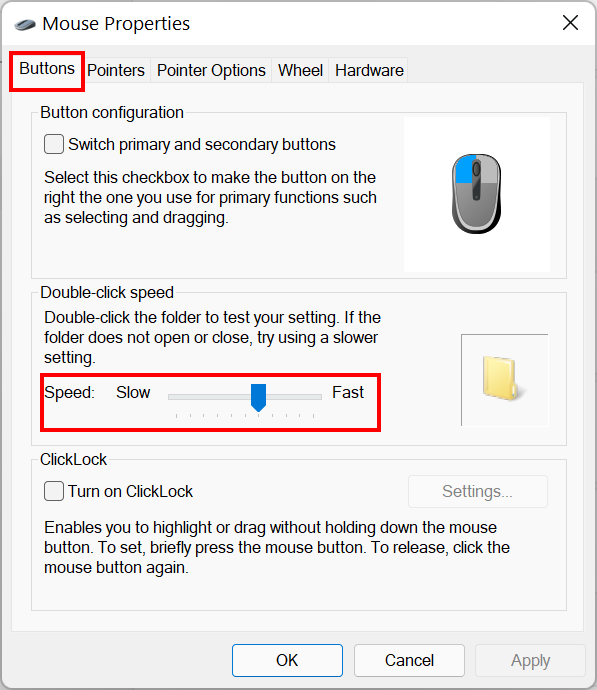 mouse double click setting