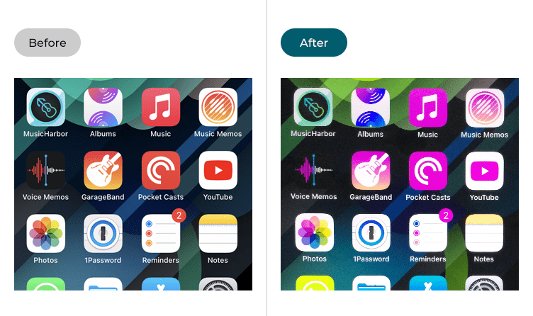Examples of the Home screen before and after a colour filter has been applied