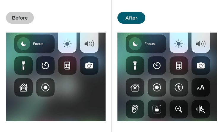 Examples of the Control Centre before and after accessibility items have been added to it