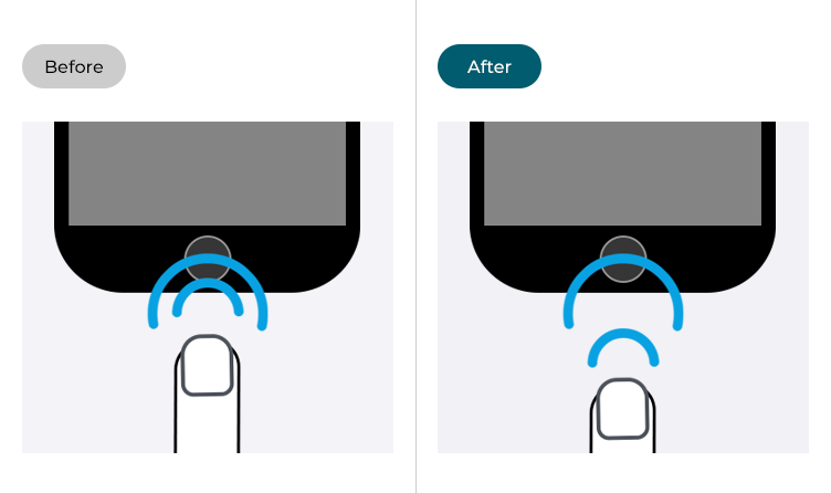 Illustrations showing the Home button double-click speed before and after the Home button settings have been changed
