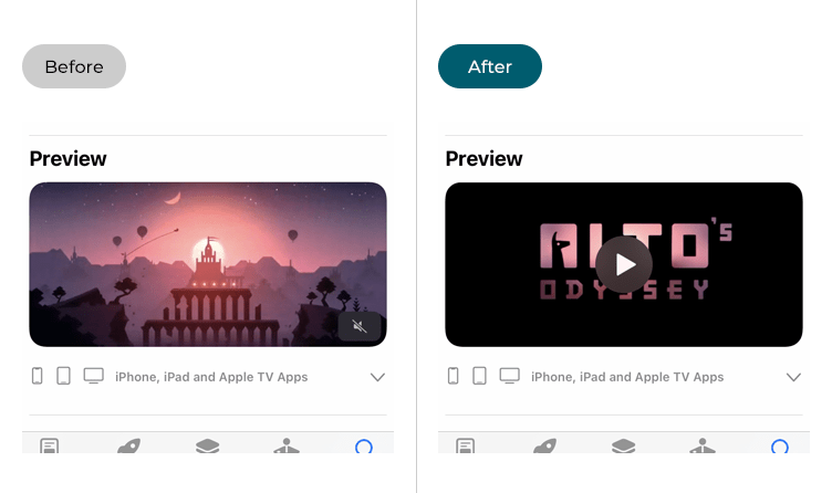 Examples of an App Store video preview before and after Auto-Play Video Previews has been turned off