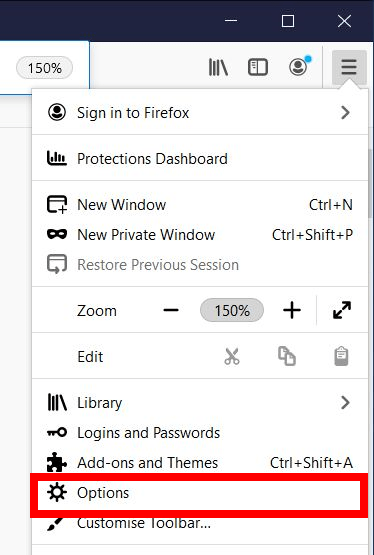 Select Options from the drop-down menu