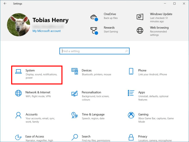 Windows Settings screen with System highlighted