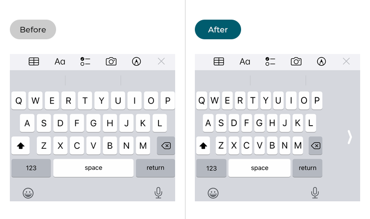 Images showing the iOS keyboard before and after One-Handed Keyboard has been applied