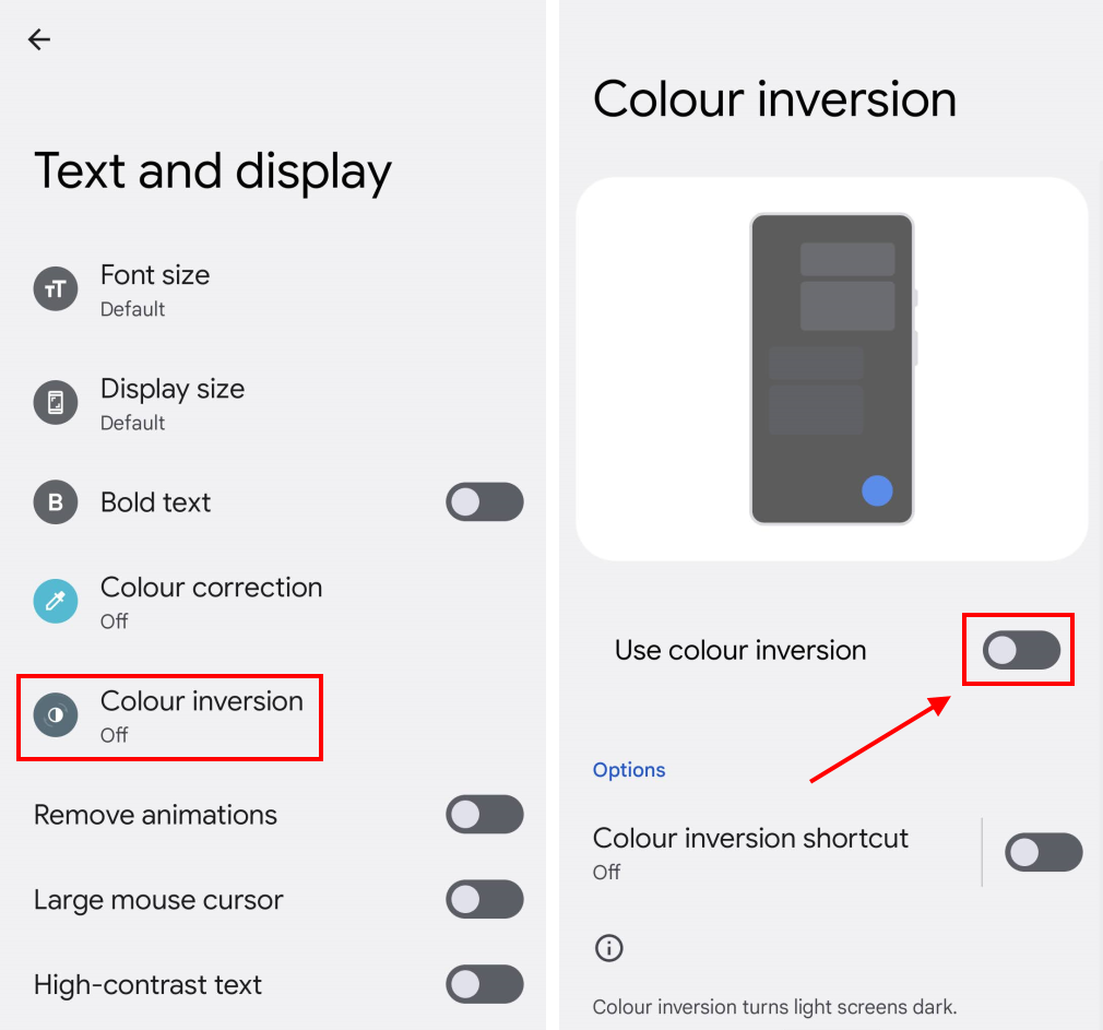 how to turn off inverted colors and enable shortcut for OnePlus 11 phone 