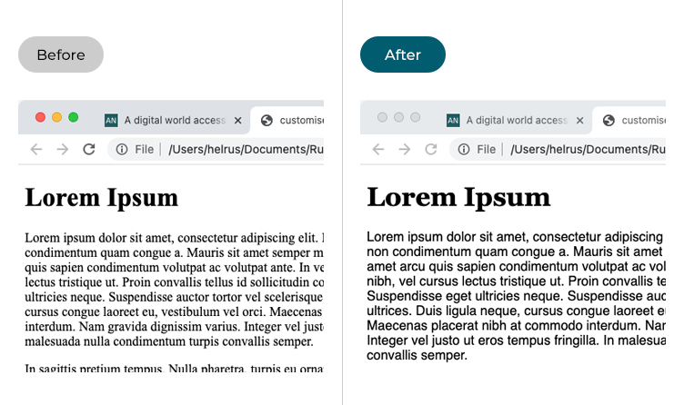 Examples of a web page in Google Chrome before and after the fonts have been changed