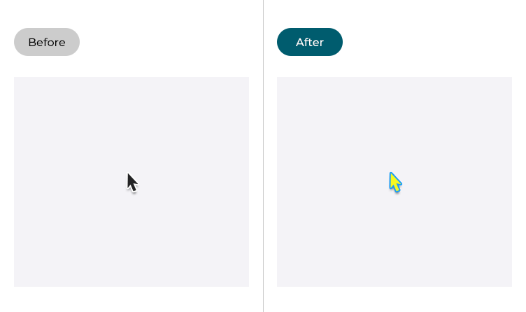 Images showing the mouse pointer before and after the pointer colours have been changed
