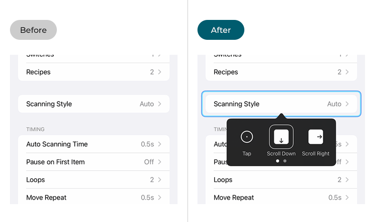 Examples of the iPhone settings screen before and after Switch Control has been turned on
