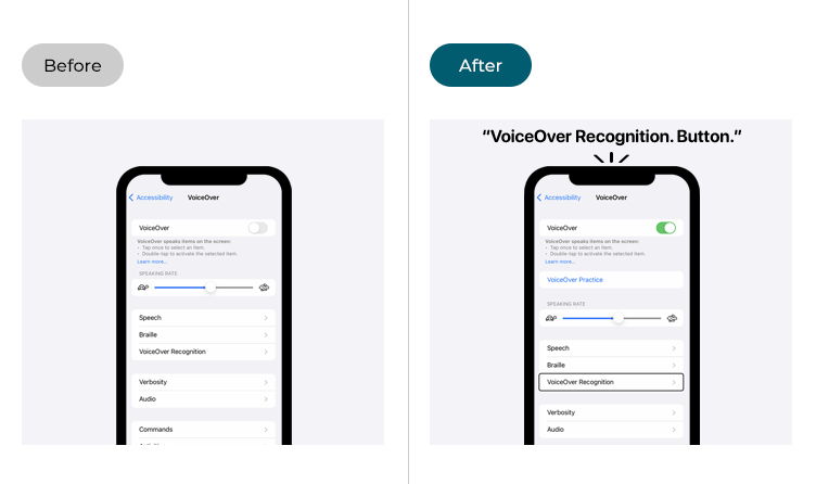 Examples of the iPhone settings screen before and after VoiceOver is turned on
