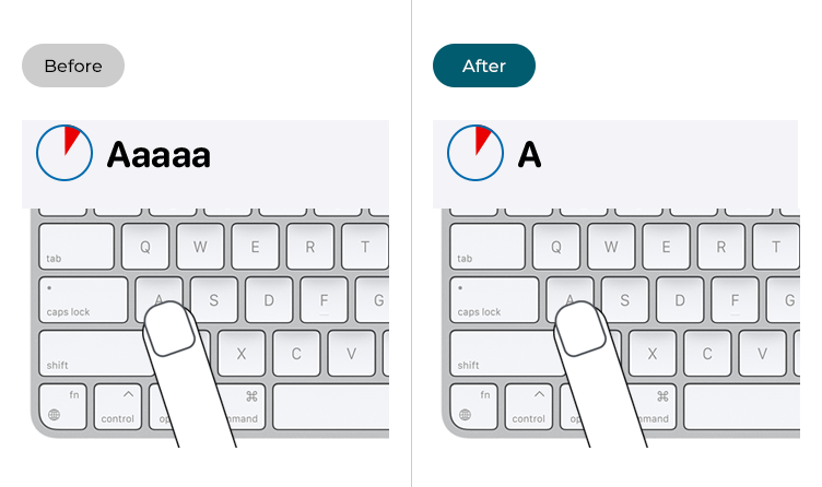 Images illustrating repeated charactes being entered before and after the settings for Repeat Keys have changed