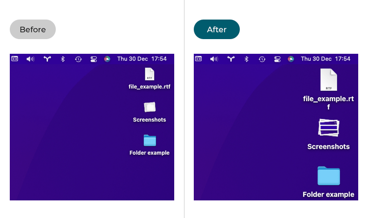 Images showing items on the desktop before and after the text size has been changed