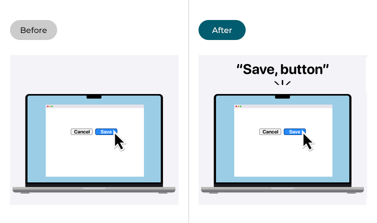 Illustrations showing the pointer hovering over a button before and after Speak items under the pointer has been turned on