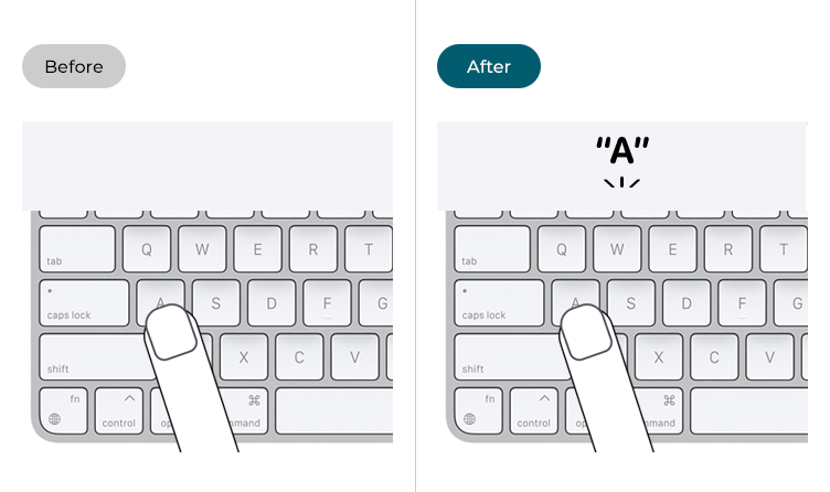 Illustrations showing a user typing on their computer before and after Speak typing feedback has been enabled