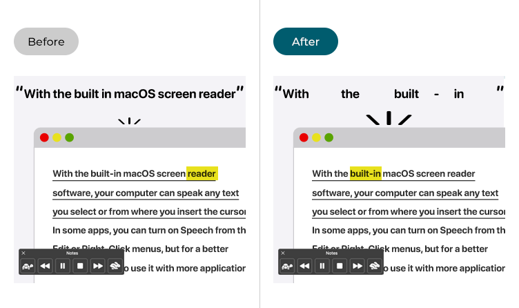 Illustrations of the Speak selection feature before and after the text-to-speech settings have been changed