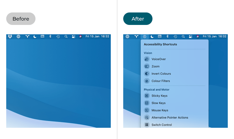 Images showing the Menu Bar before and after the Accessibility Shortcut has been enabled