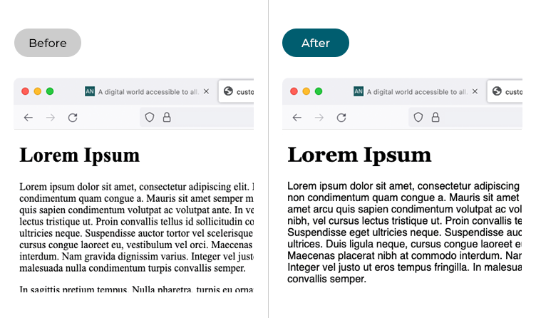 Images showing text in Firefox before and after the default font styles have been changed
