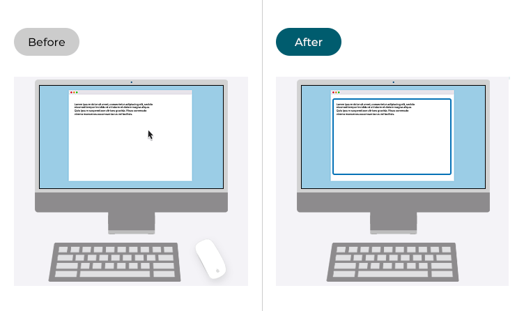 Images illustrating using a computer before and after Full Keyboard Access has been enabled