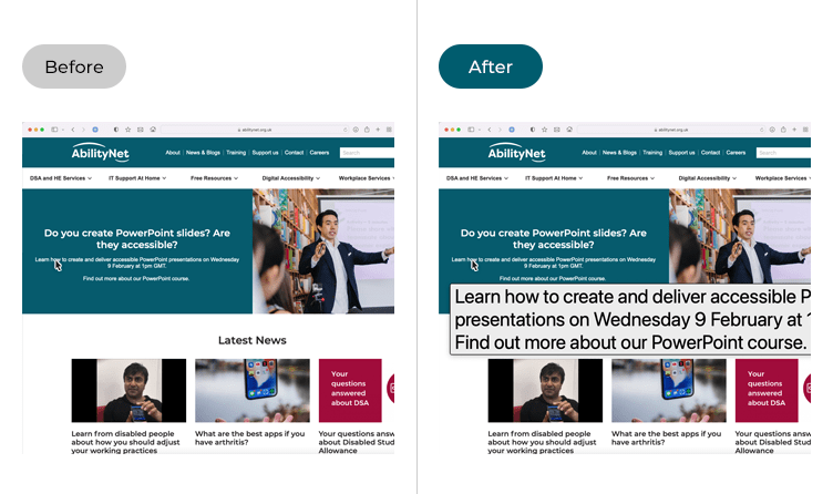 Images showing text in a web browser before and after Hover Text has been enabled