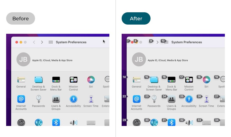 Images showing the screen before and after Voice Control has been enabled