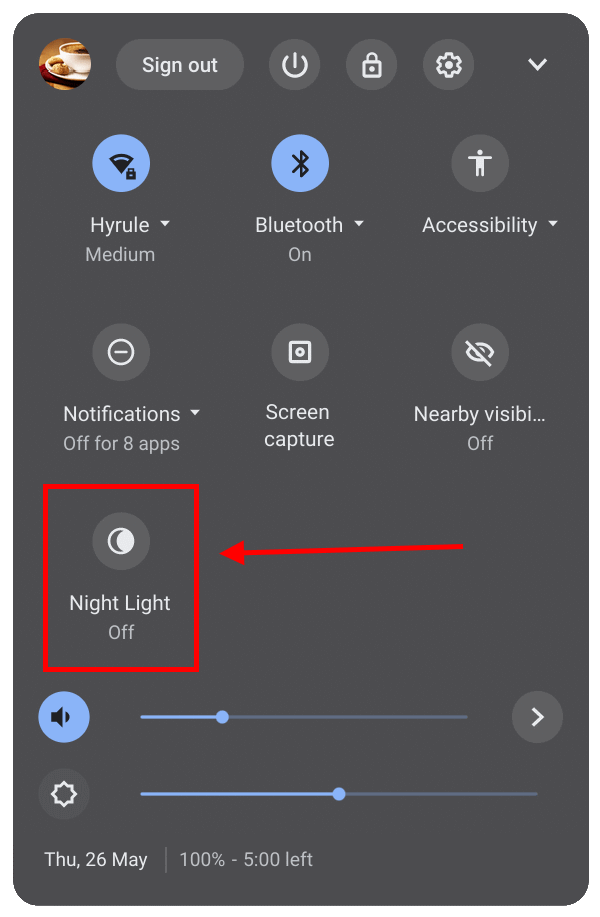 Click the Night Light button to turn it on or off