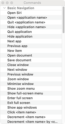 Screenshot of the Commands window, showing the list of commands you can use with VoiceControl