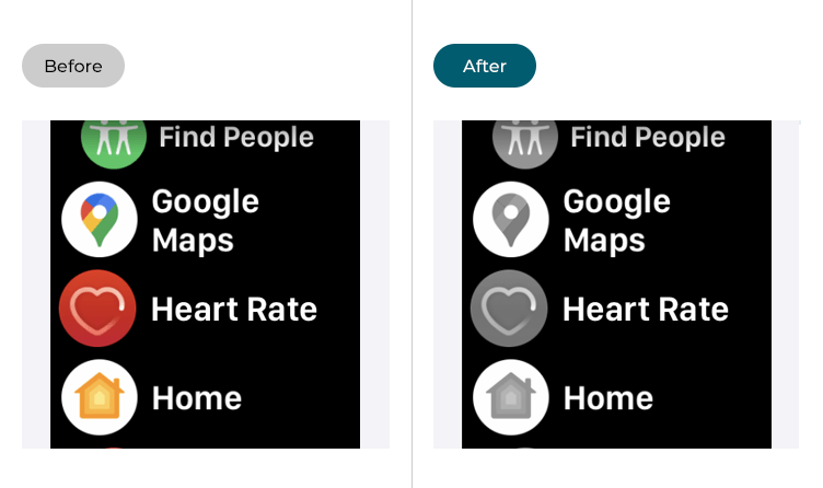 Images showing text on an Apple Watch before and after Greyscale has been applied