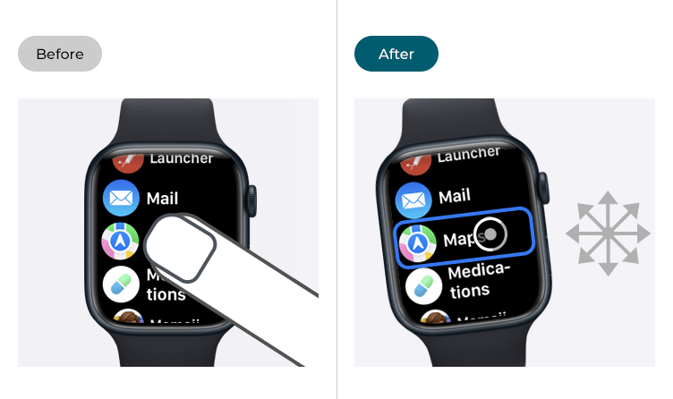 Images illustrating navigating an Apple Watch before (using touch) and after (using Dwell Control) AssistiveTouch has been enabled