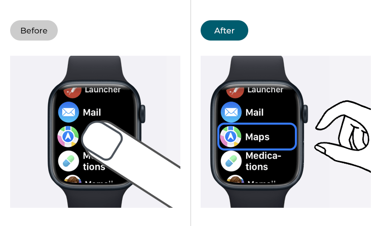 Images illustrating navigating an Apple Watch before (using touch) and after (using gestures) AssistiveTouch has been enabled