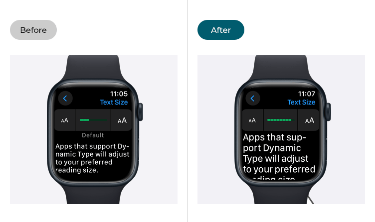 Images showing text on an Apple Watch before and after a larger text size has been applied