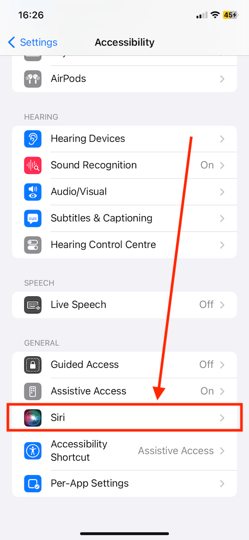 Scroll down and tap Siri
