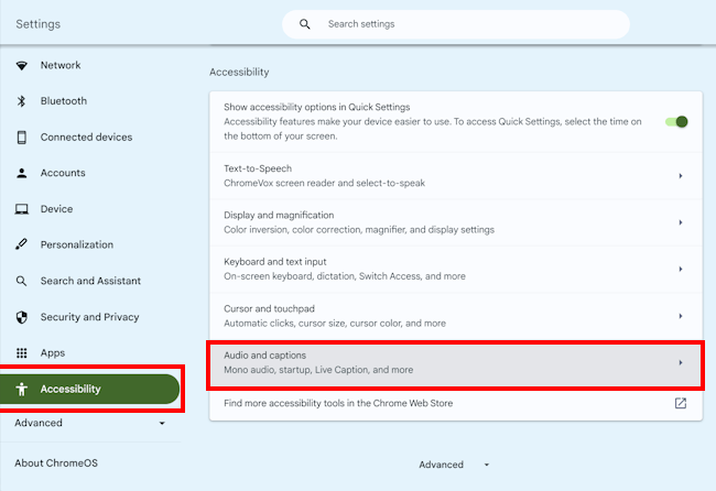 Select Accessibility then click Audio and captions in the right-hand panel