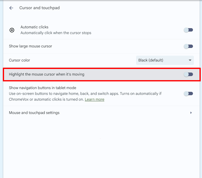 Click Highlight the mouse cursor when it's moving to set the toggle switch to On