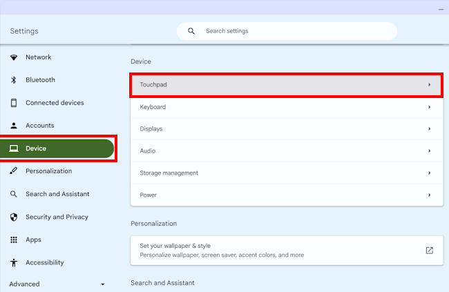 Select Devices, then click Touchpad in the right-hand panel