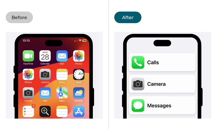 Image showing a standard iPhone home screen compared to how the home screen looks when using Assistive Access