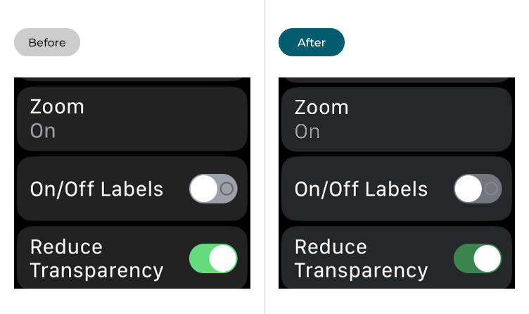 Images showing an Apple Watch settings page before and after Increase Contrast has been applied