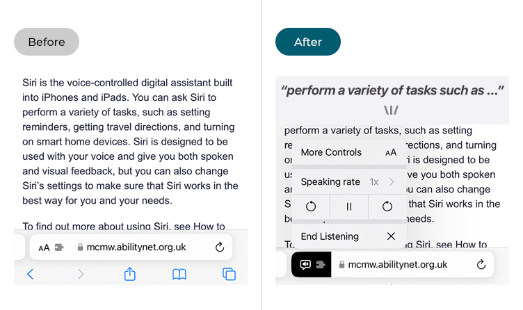 Image showing a web page before and after the Listen to Page feature has been enabled