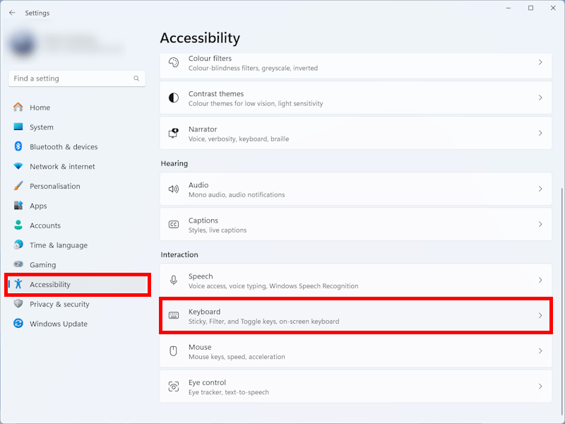 Open the Accessibility settings and select Keyboard from the right-hand panel