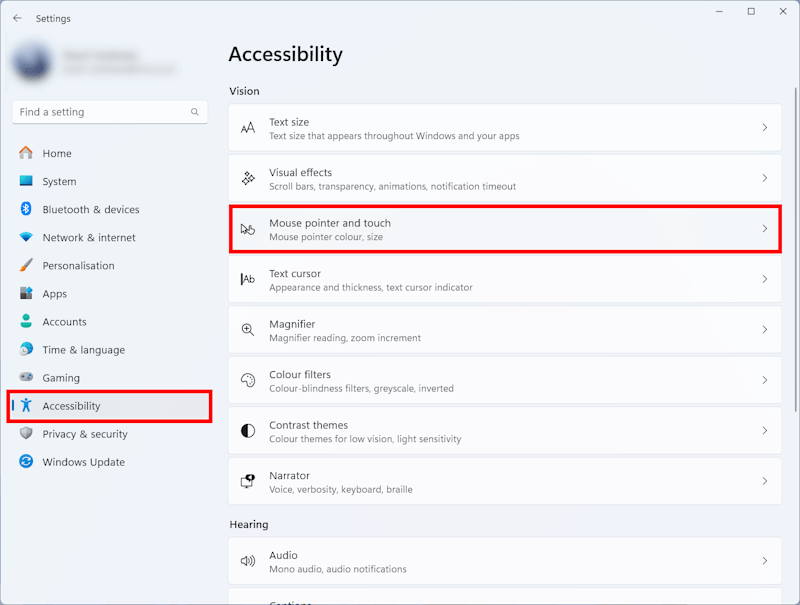 Open the Accessibility settings and select Mouse pointer and touch