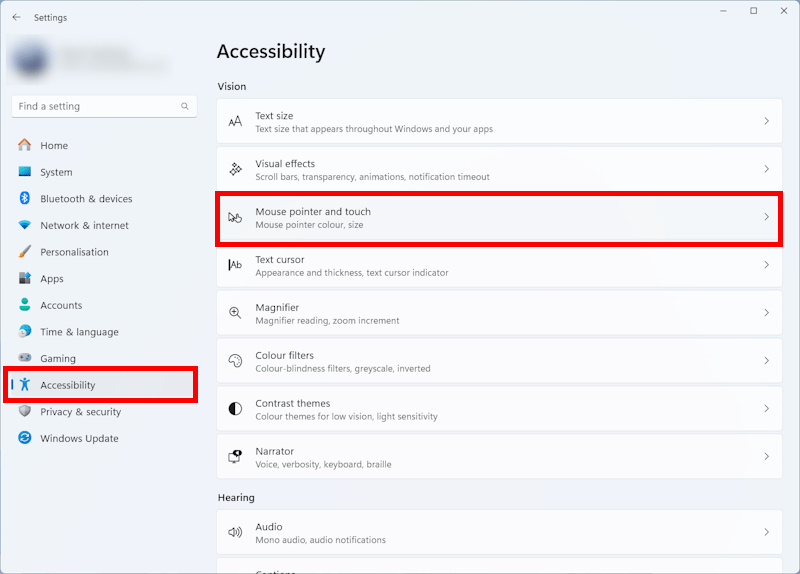 Open the Accessibility settings and click Mouse pointer and touch