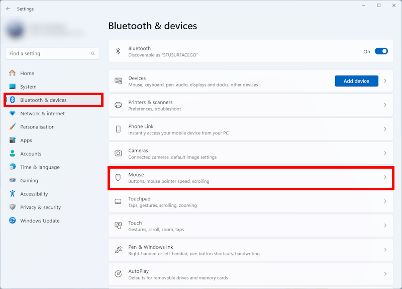Click Bluetooth & devices then Mouse